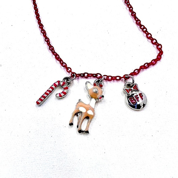 Rudolf, Candy Cane & BFF Enamel Charms 15” Pink Chain Necklace - Picture 1 of 7